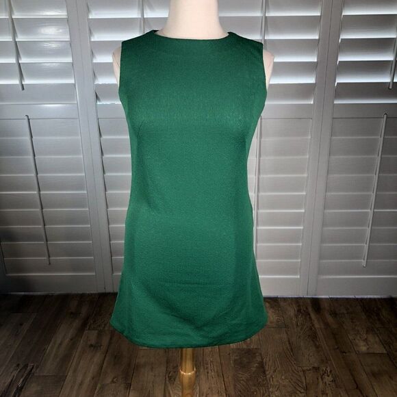 Vtg 70s Handmade Green Day Dress Large Sheath Sleeveless Wiggle Polyester Knee - Picture 1 of 12